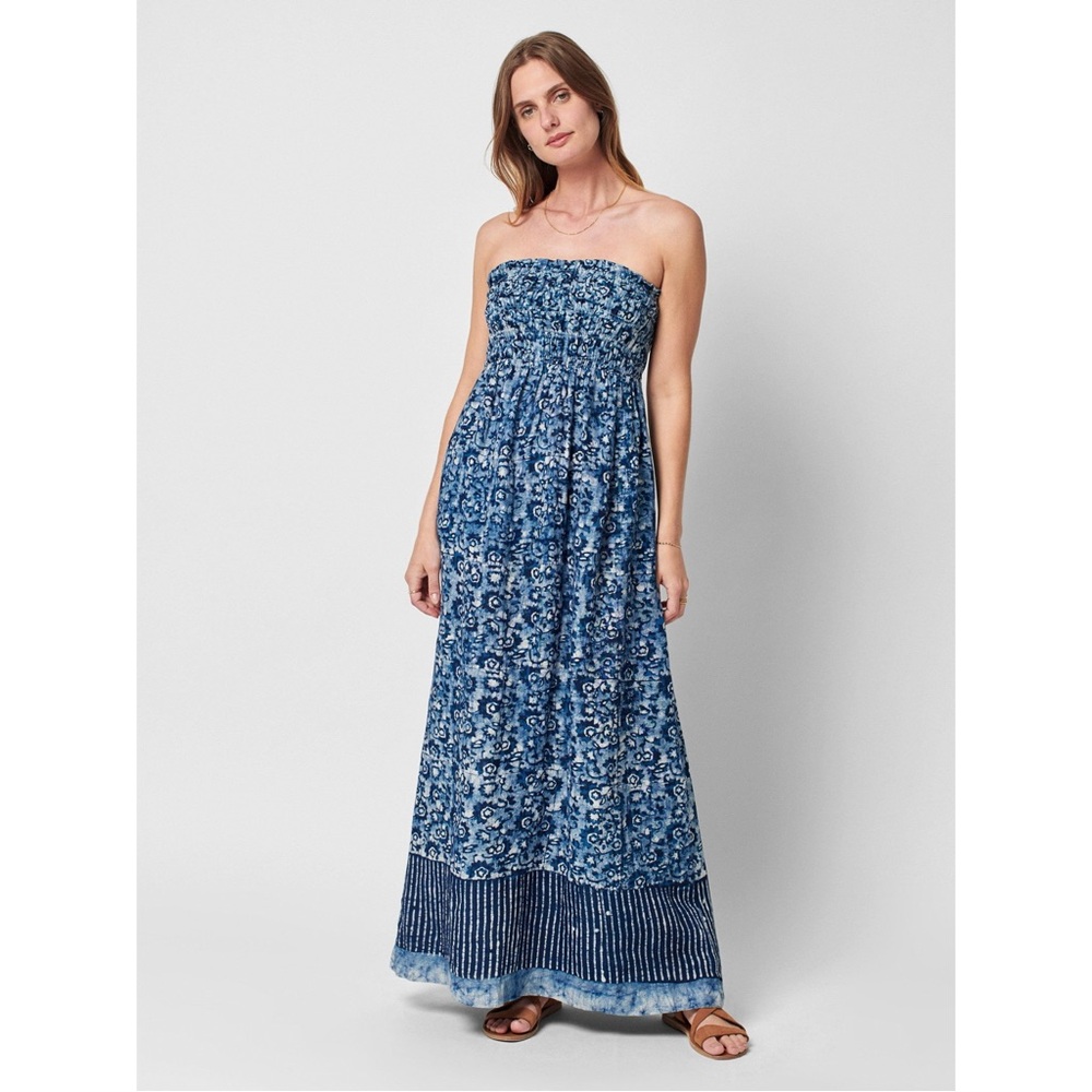 Faherty Blue Margarita Strapless Linen Maxi Dress L